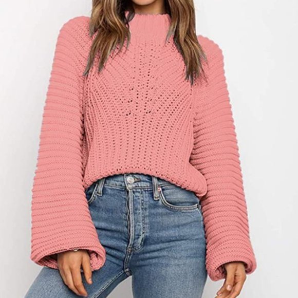 C.C. Boutique Sweaters - NWT Pink Mock Neck Cable Knit Bell Sleeve Sweater.